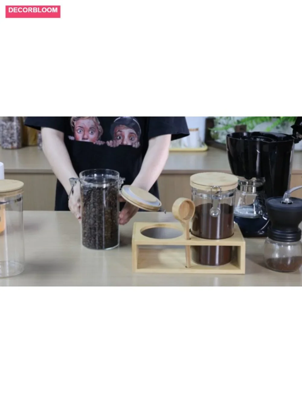 Glass Coffee Canister Set with Wooden Shelf, Airtight Lids, 2x45oz